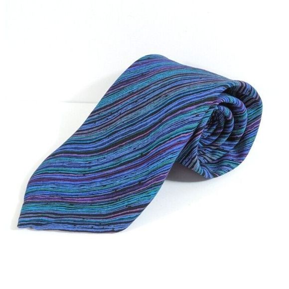Vintage Teal Blue Purple Diagonal Stripes Neck Tie - Picture 1 of 6